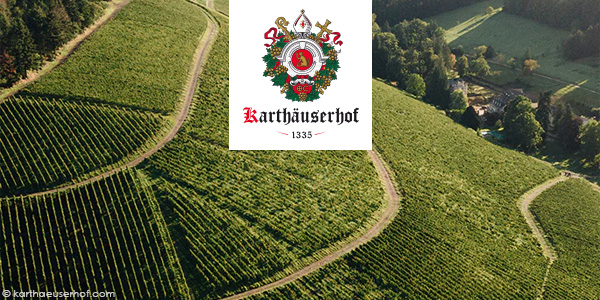 Header Karthäuserhof Blick von oben auf die Weingärten des Karthäuserhofs mit Logo
